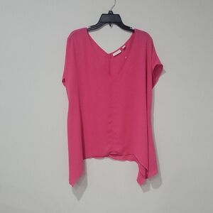 New York & Company Pink Asymmetrical Short Sleeve Blouse